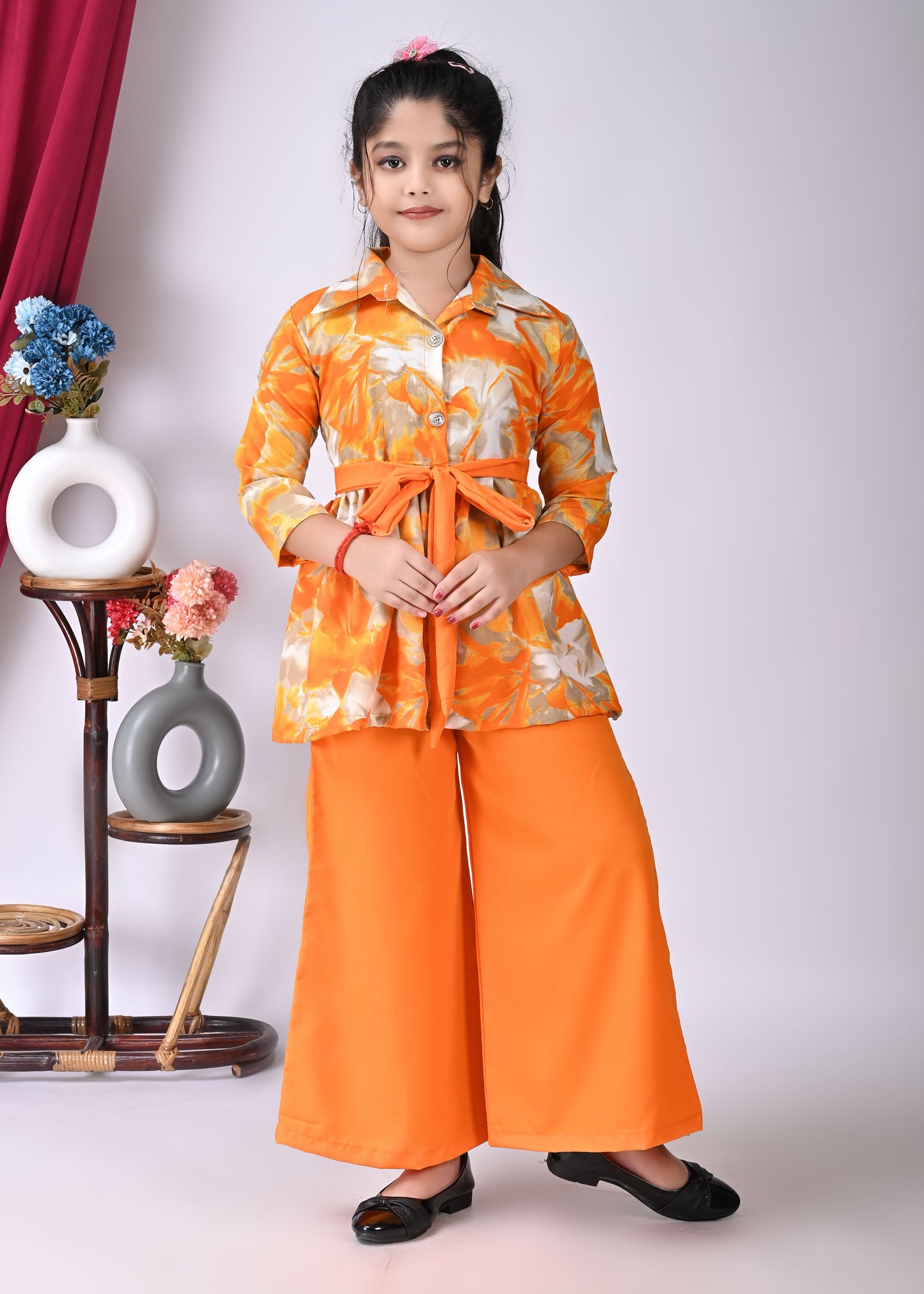 Girl's Stylish ETHNIC SET DRESS Western Party Wear Dresses Girls' Orange Floral Printed Tunic with Palazzo Pant Set | Stylish Party & Casual Wear | Soft Cotton Blend Fabric | Age 2-12 Years