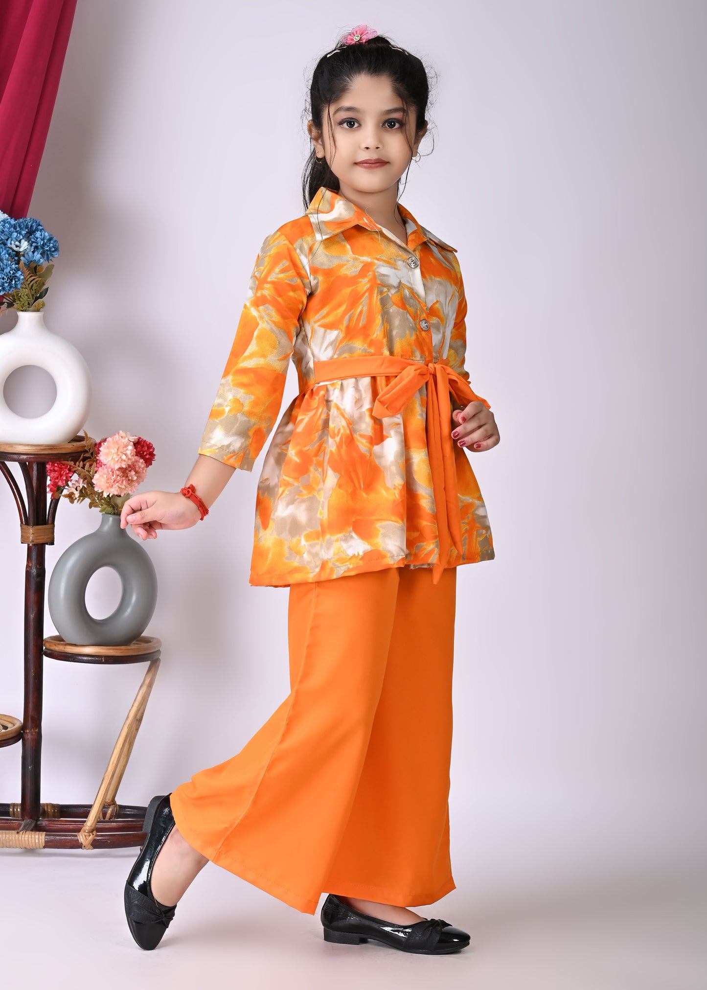 Girl's Stylish ETHNIC SET DRESS Western Party Wear Dresses Girls' Orange Floral Printed Tunic with Palazzo Pant Set | Stylish Party & Casual Wear | Soft Cotton Blend Fabric | Age 2-12 Years