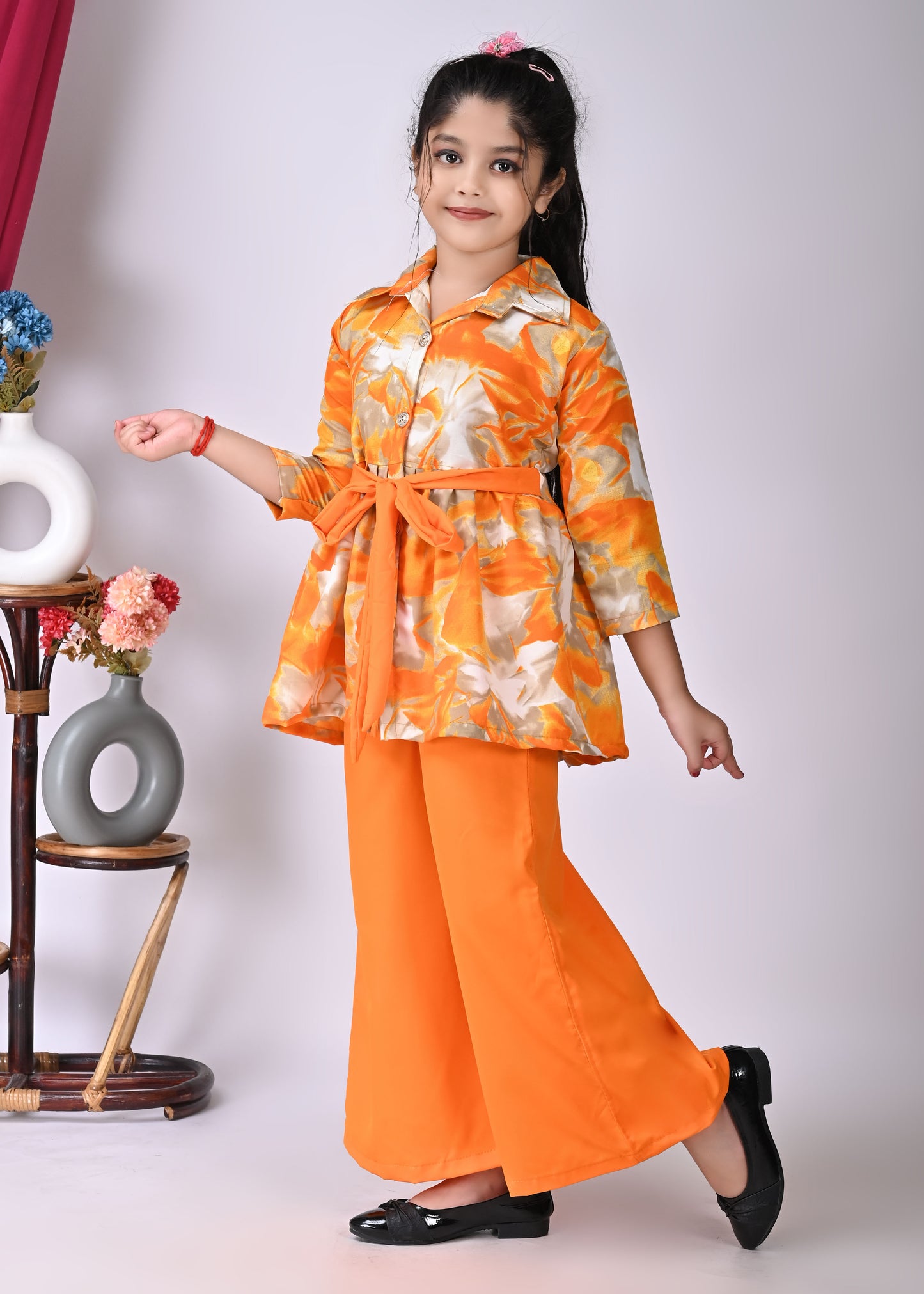 Girl's Stylish ETHNIC SET DRESS Western Party Wear Dresses Girls' Orange Floral Printed Tunic with Palazzo Pant Set | Stylish Party & Casual Wear | Soft Cotton Blend Fabric | Age 2-12 Years