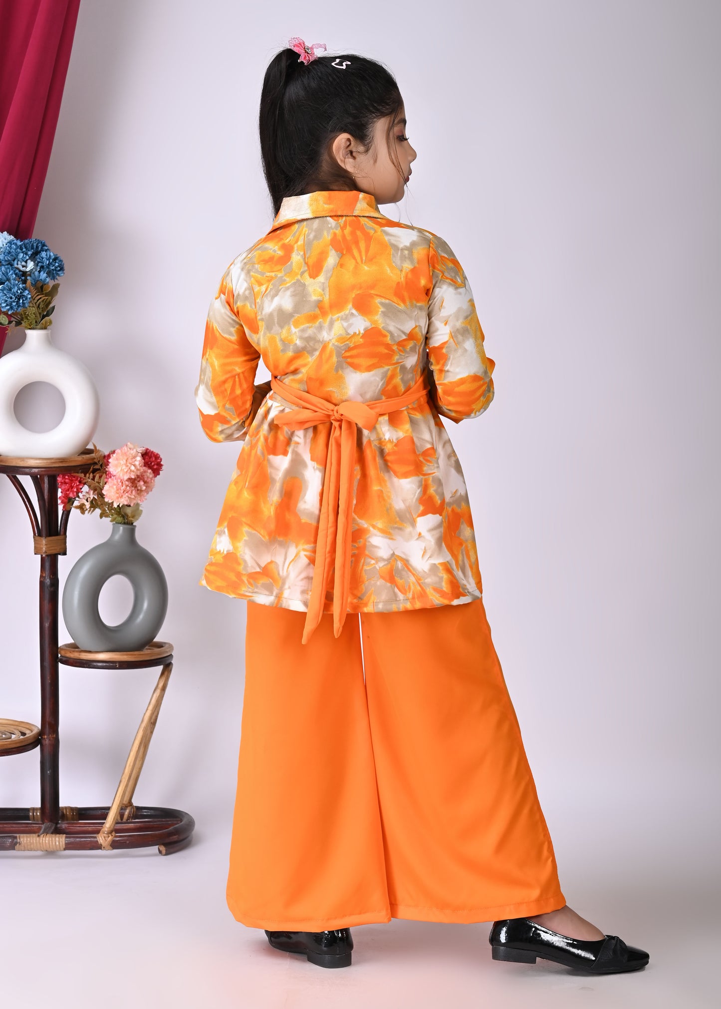 Girl's Stylish ETHNIC SET DRESS Western Party Wear Dresses Girls' Orange Floral Printed Tunic with Palazzo Pant Set | Stylish Party & Casual Wear | Soft Cotton Blend Fabric | Age 2-12 Years