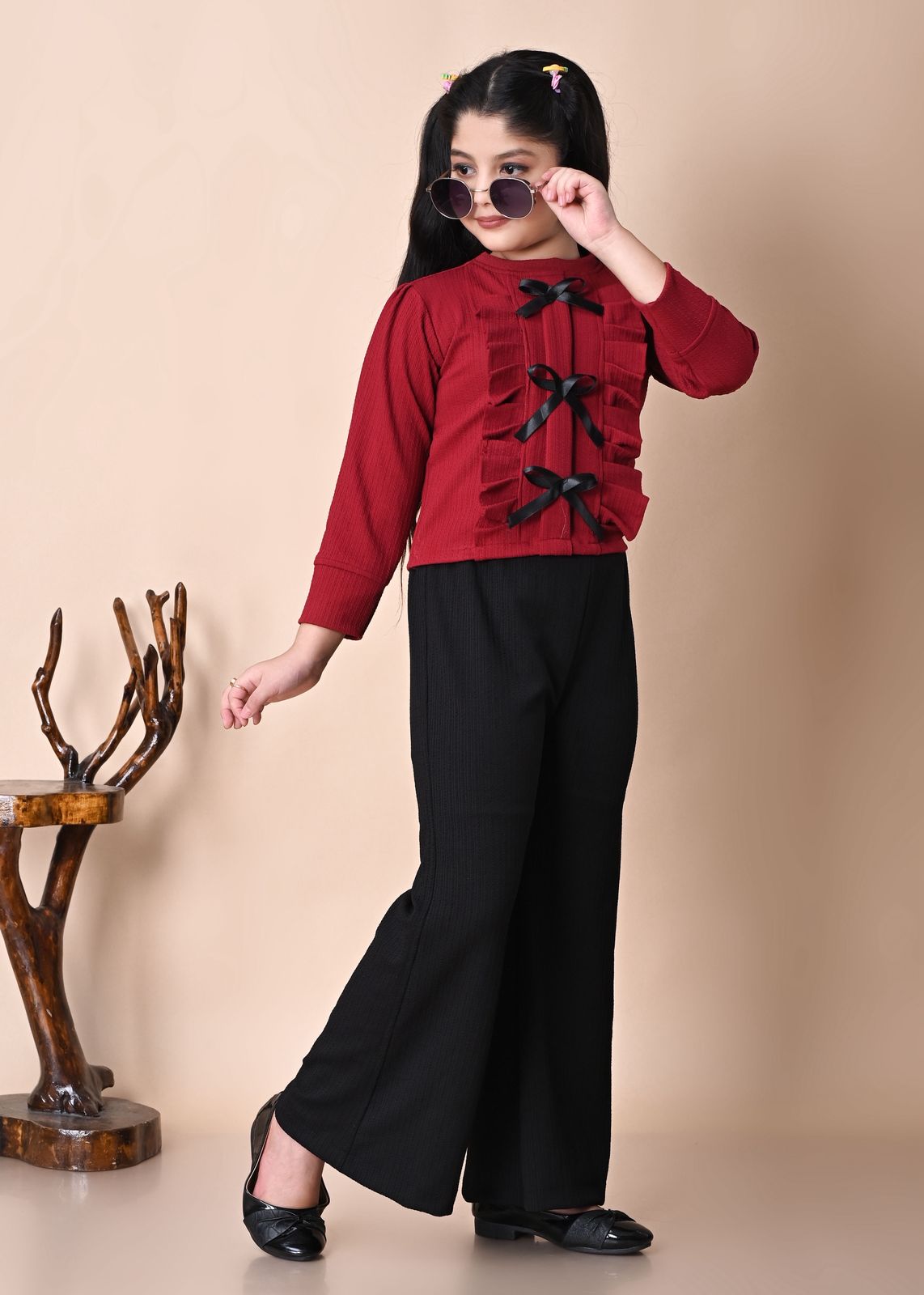 Girls Stylish RED Bow Top with Black Palazzo Pant Set, 2-13YEARS