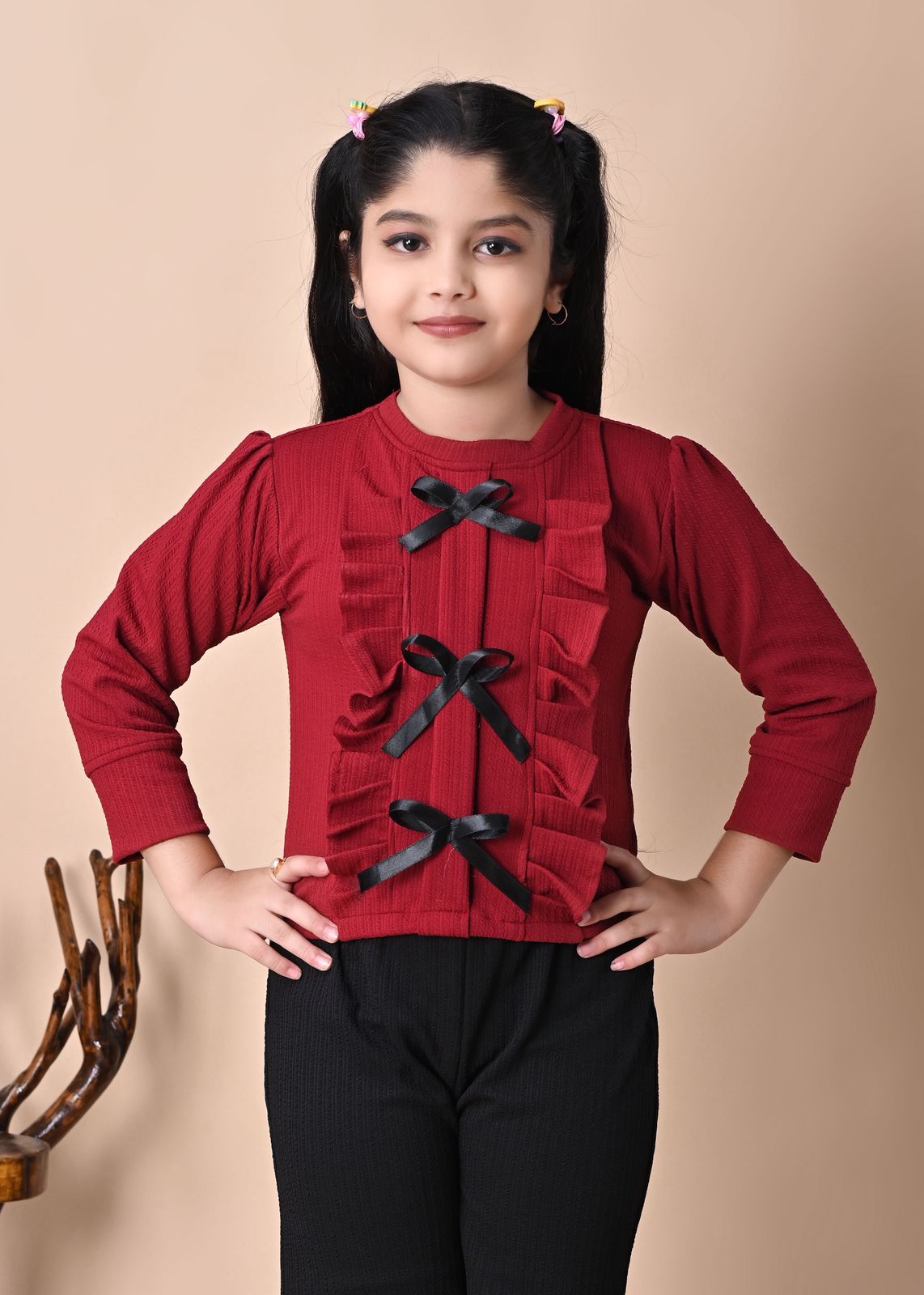Girls Stylish RED Bow Top with Black Palazzo Pant Set, 2-13YEARS