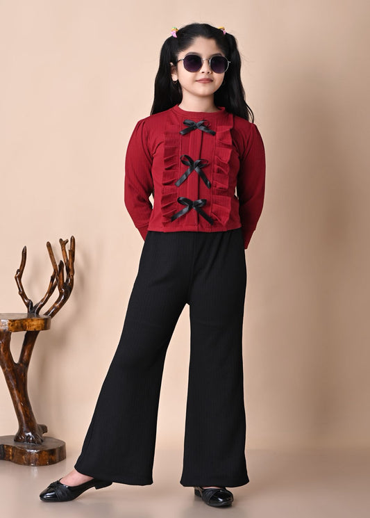 Girls Stylish RED Bow Top with Black Palazzo Pant Set, 2-13YEARS
