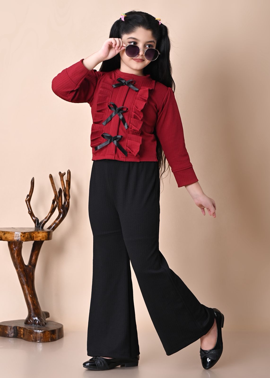 Girls Stylish RED Bow Top with Black Palazzo Pant Set, 2-13YEARS